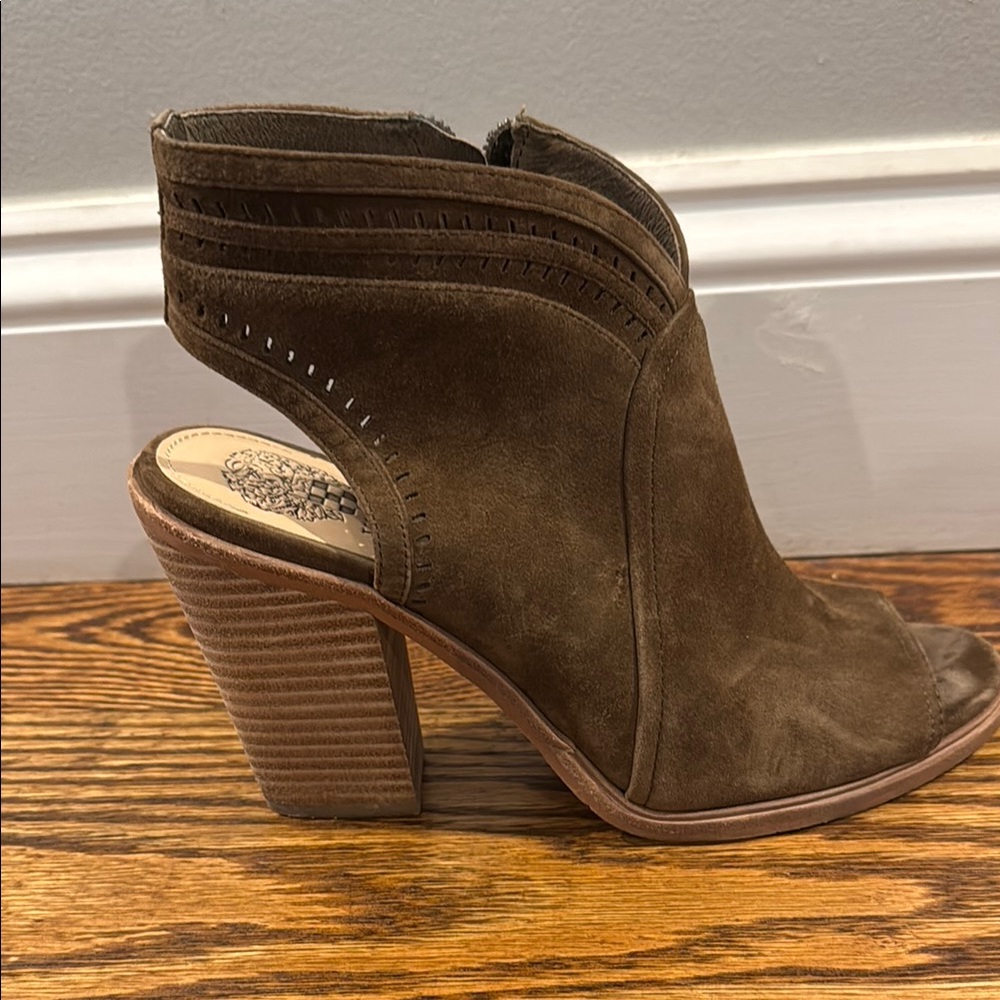 Vince Camuto Brown Heeled Boots with Chunky Heel and Open Back Design